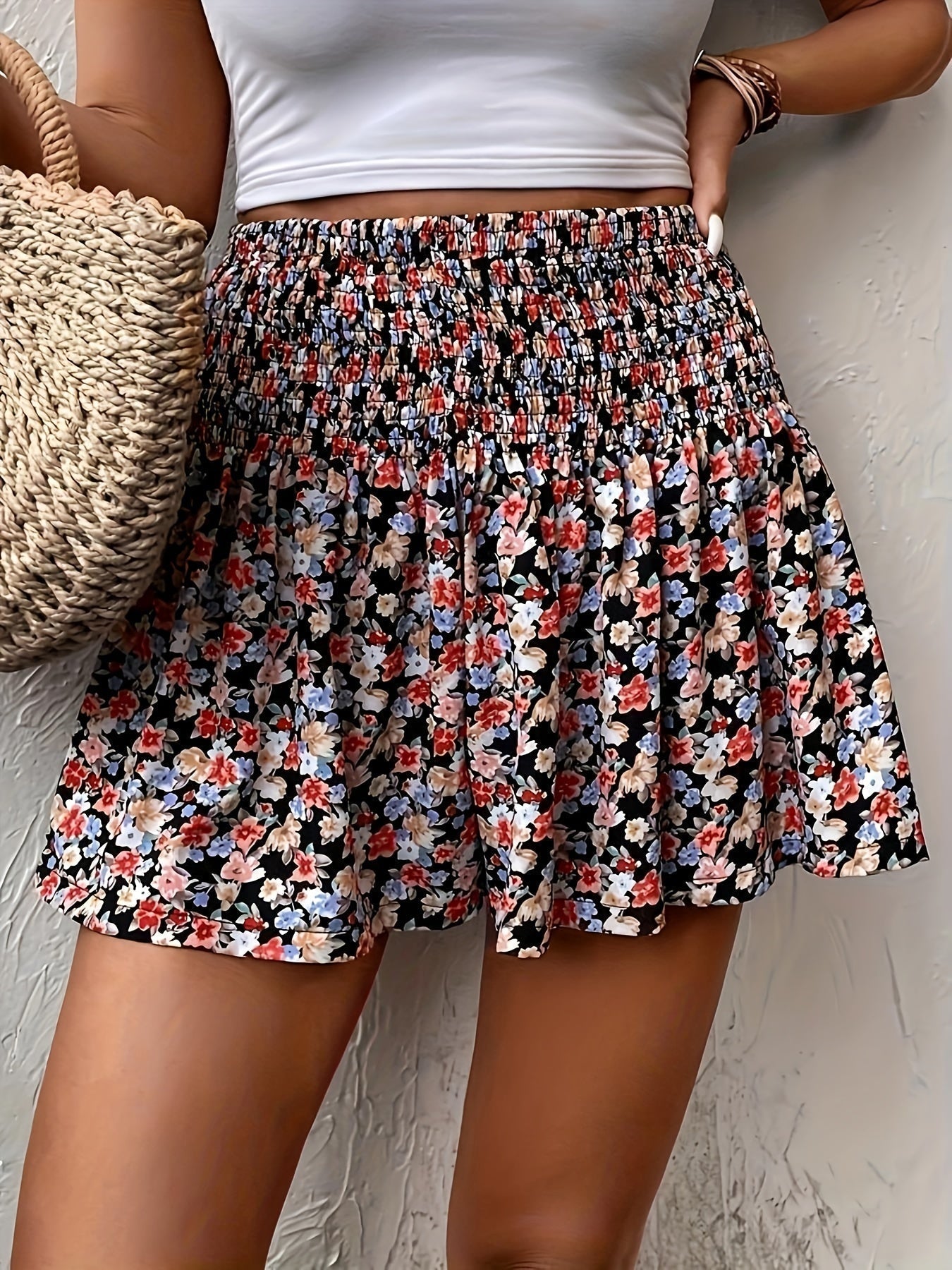 Florale mini rok - kastanjebruine dames rok met ruffle zoom