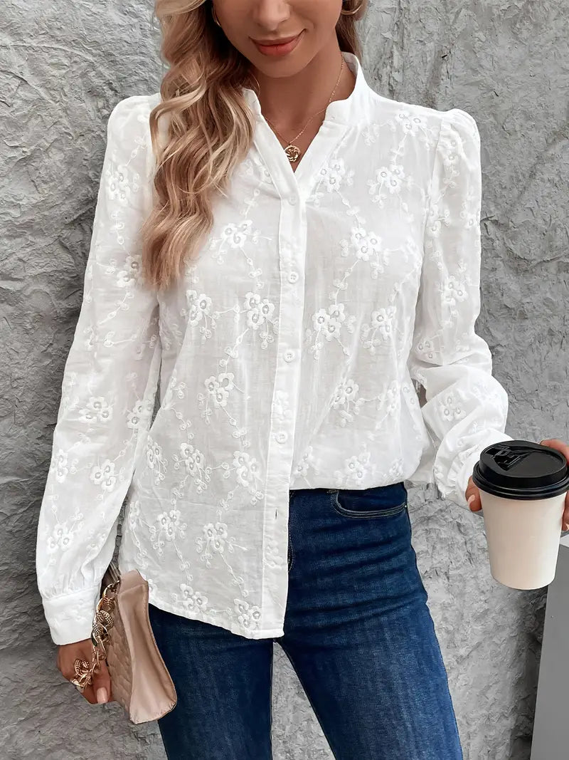 Dames witte geborduurde zomerblouse - elegante langarm shirt voor vrouwen