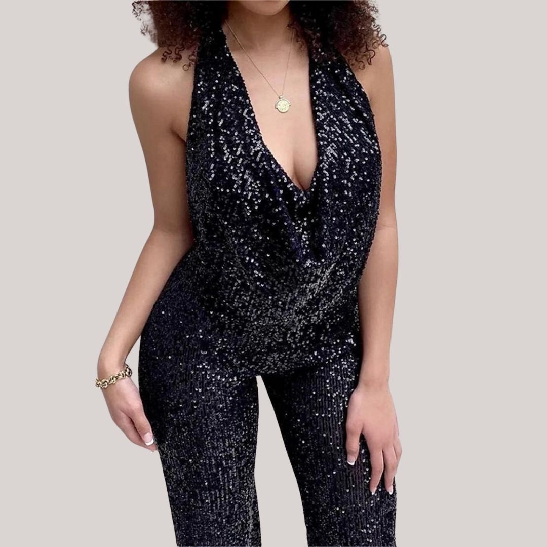 Glitter jumpsuit - elegante damesoutfit met diepe v-hals