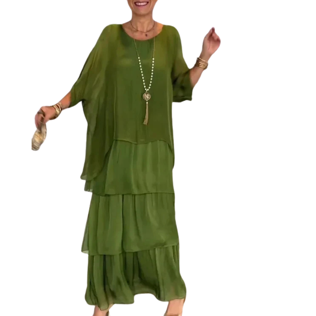 Vrouwen maxi jurk elegante lange mouwen met tiered ontwerp - lichtgewicht stof voor speciale gelegenheden