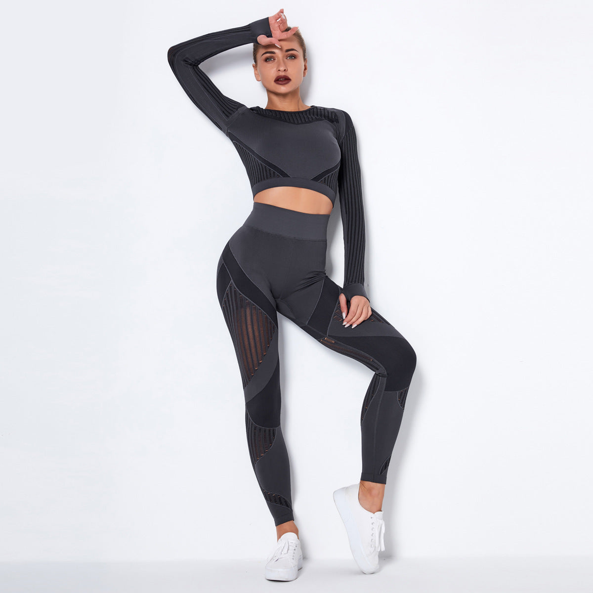 2-delige sportset gebreide absorberende yoga set - lange mouwen yoga pak voor dames - Bakkermode.nl