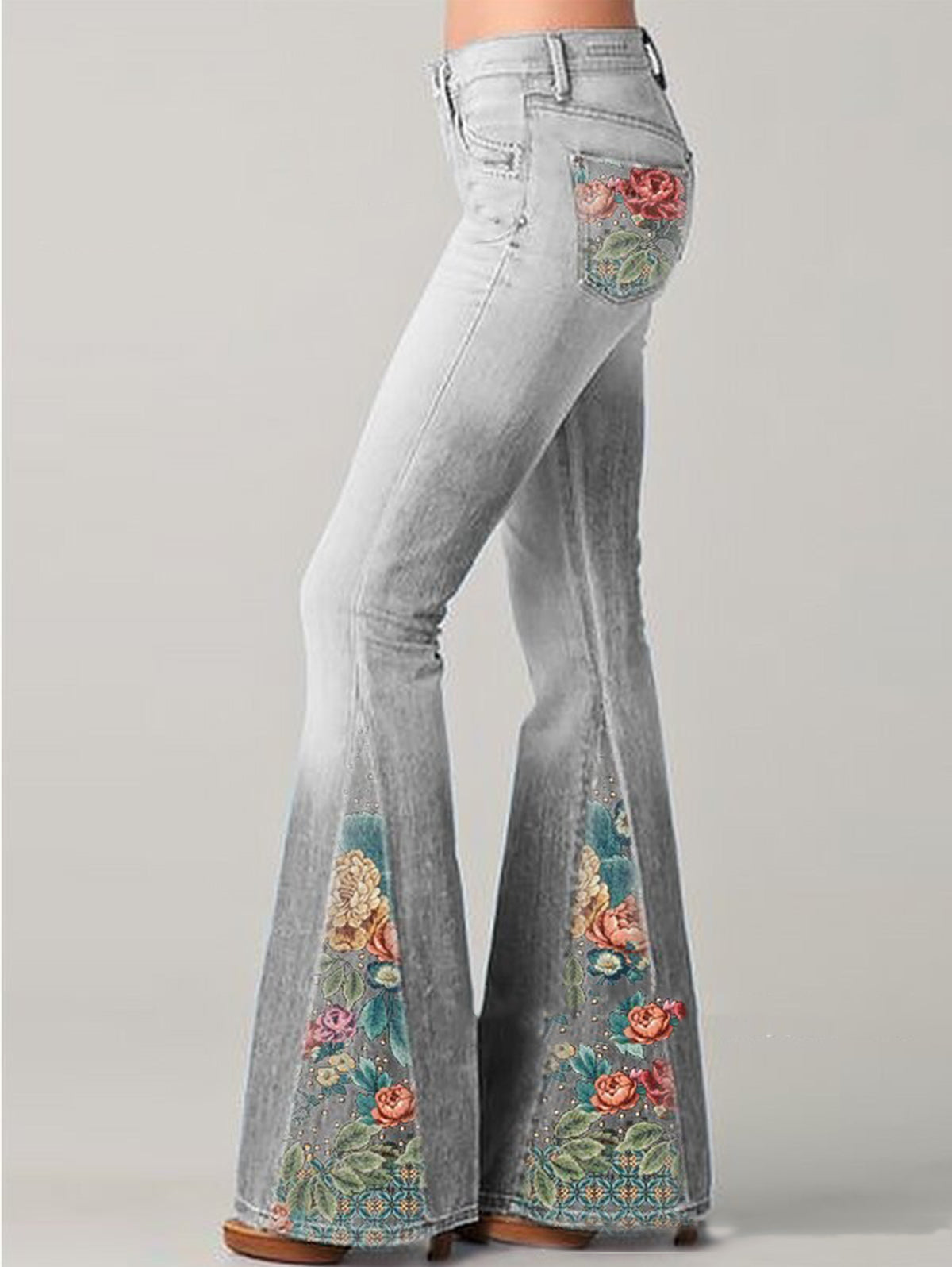 Flared jeans met vintage bloemenprint - dames stijlvolle denim broeken