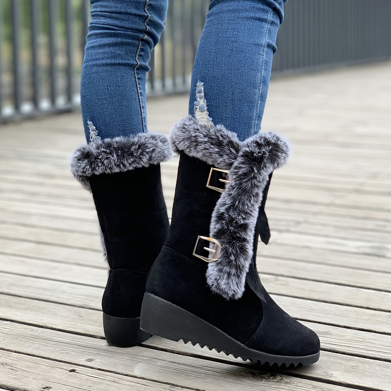 Faux fur gebochelde wedge boots - stijlvolle winterboots voor dames