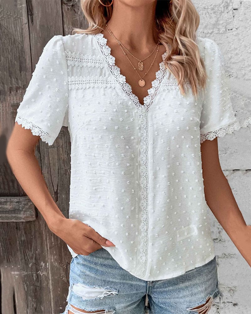 Dames kanten top lichte casual wear - elegante witte blouse met korte mouwen voor elke gelegenheid
