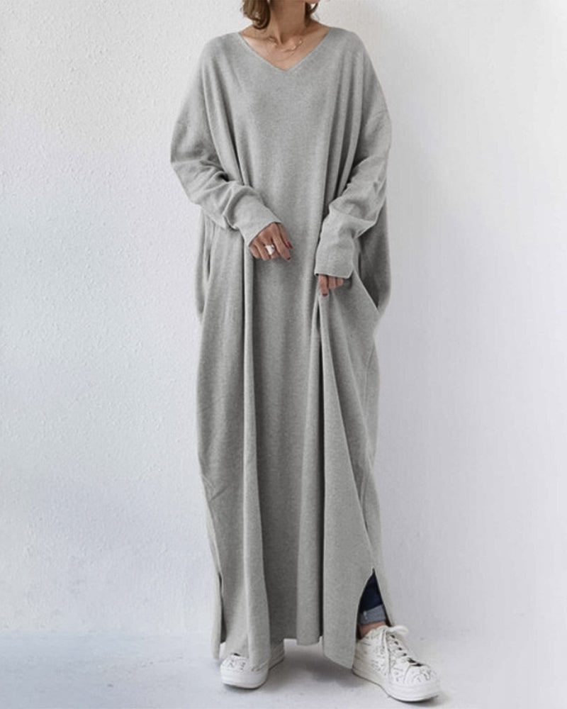 Dames oversized pullover jurk - gezellige casual wear - stijlvolle lange mouw v-hals maxi jurk voor dagelijks gebruik