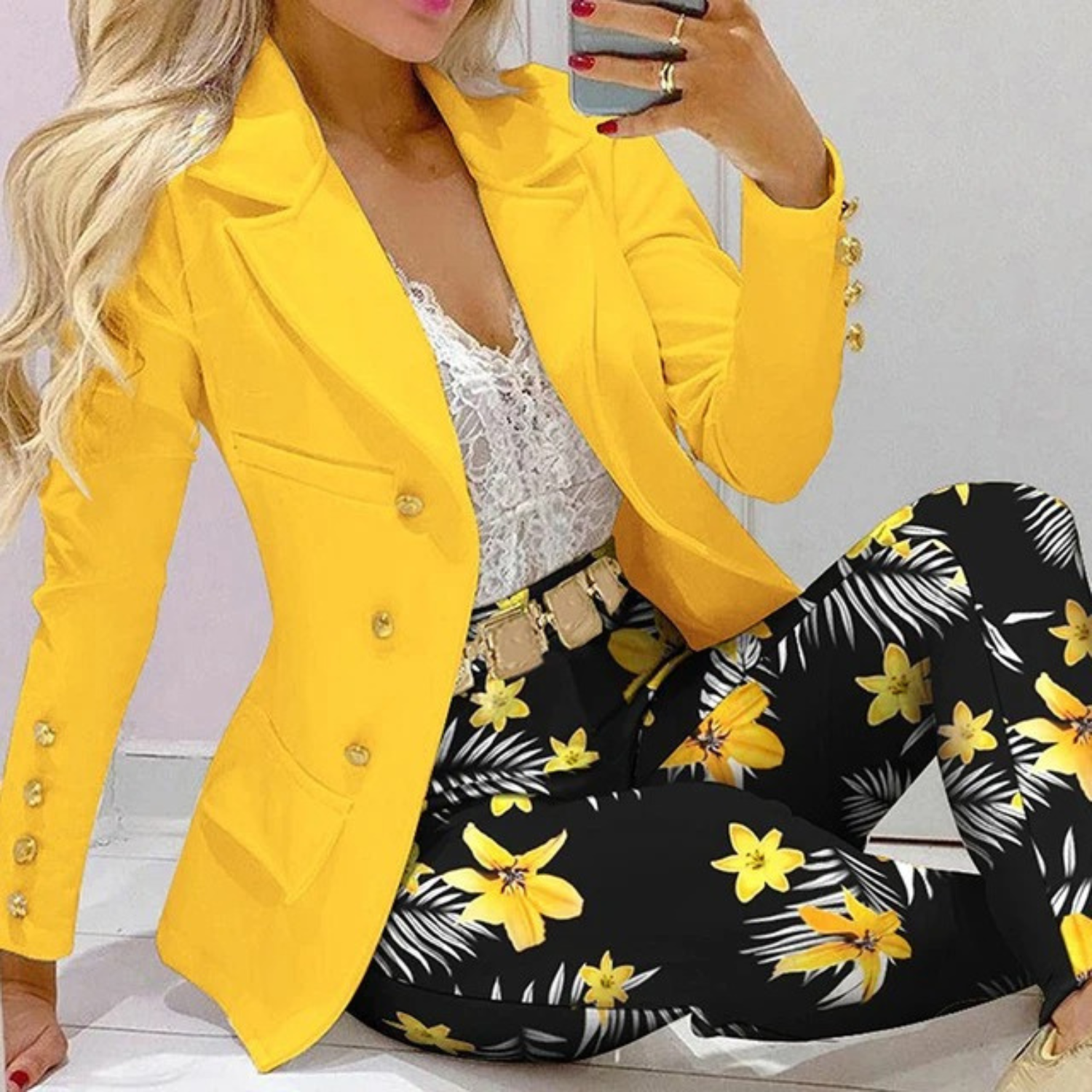 2-delige dames blazer en broek set met levendig bloemenpatroon - chique kantooroutfit