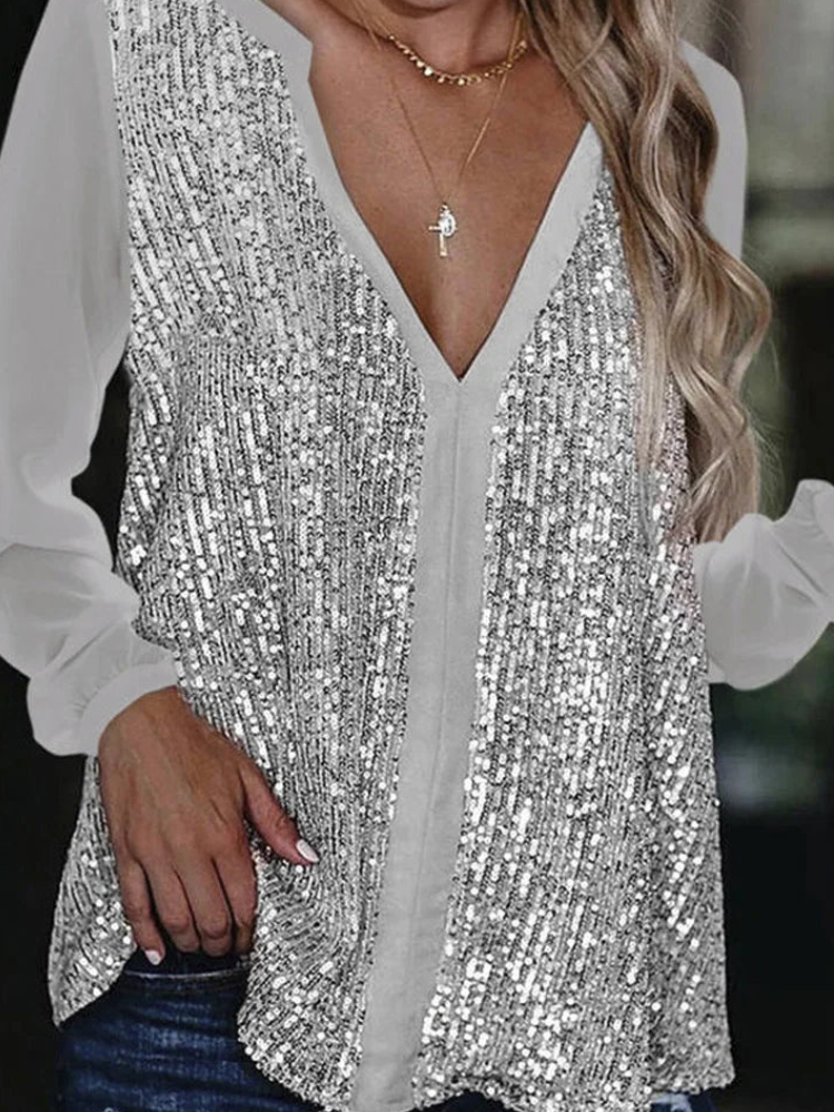 Dames sequined v-hals blouse - elegante avondmode met luxe lange mouwen voor speciale gelegenheden