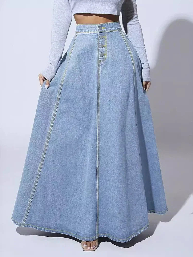 Vloeiende denim maxi rok - stijlvolle lange denim rok voor vrouwen