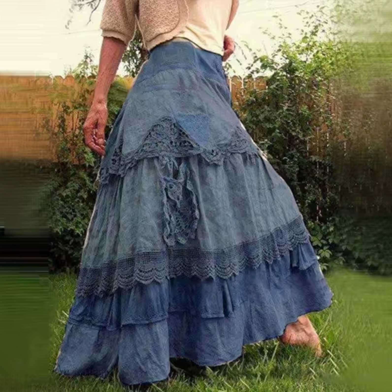 Boho-chic gelaagde maxi rok - stijlvolle lange denim rok voor dames