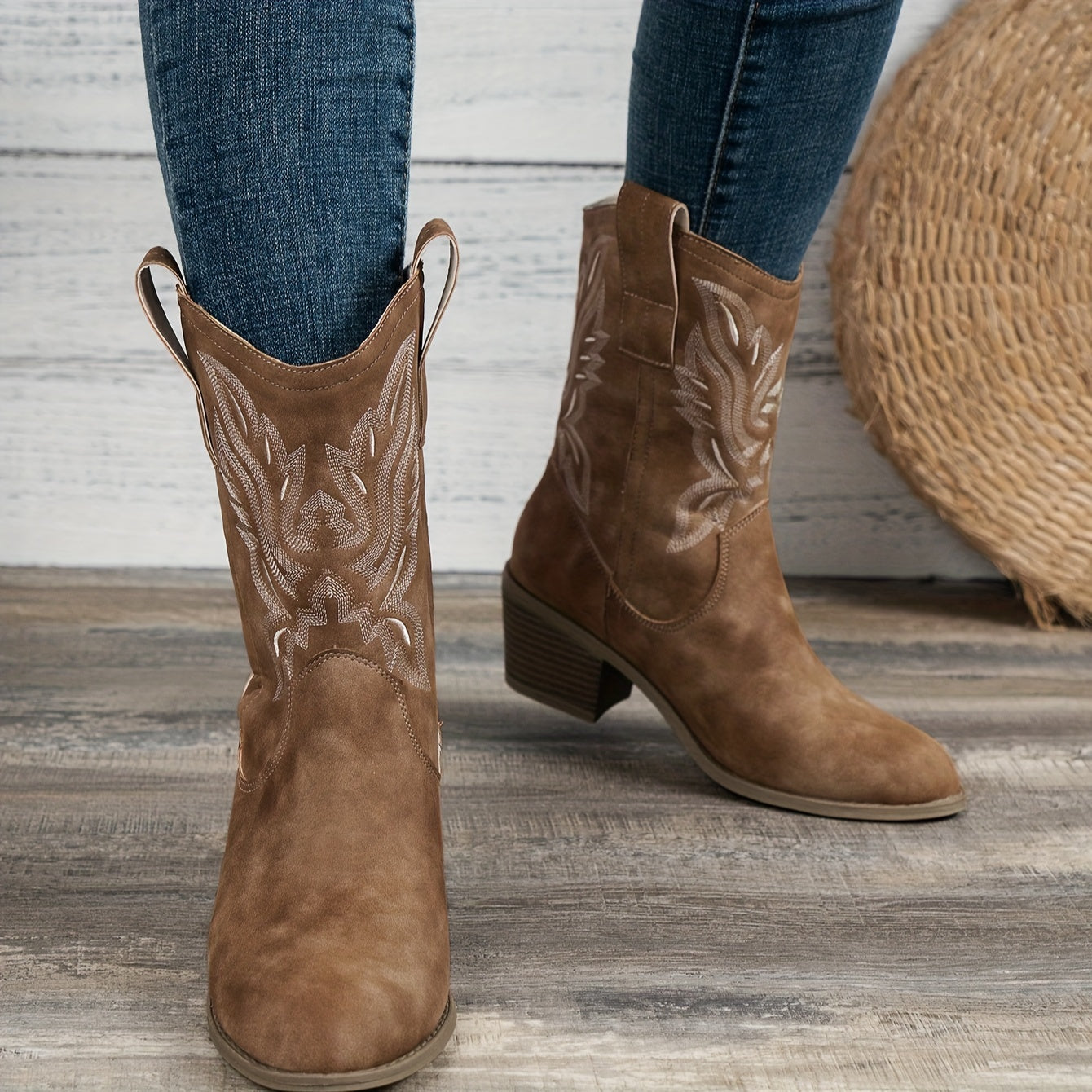Camel cowboylaarzen - dames geborduurde enkelboots met blokhak