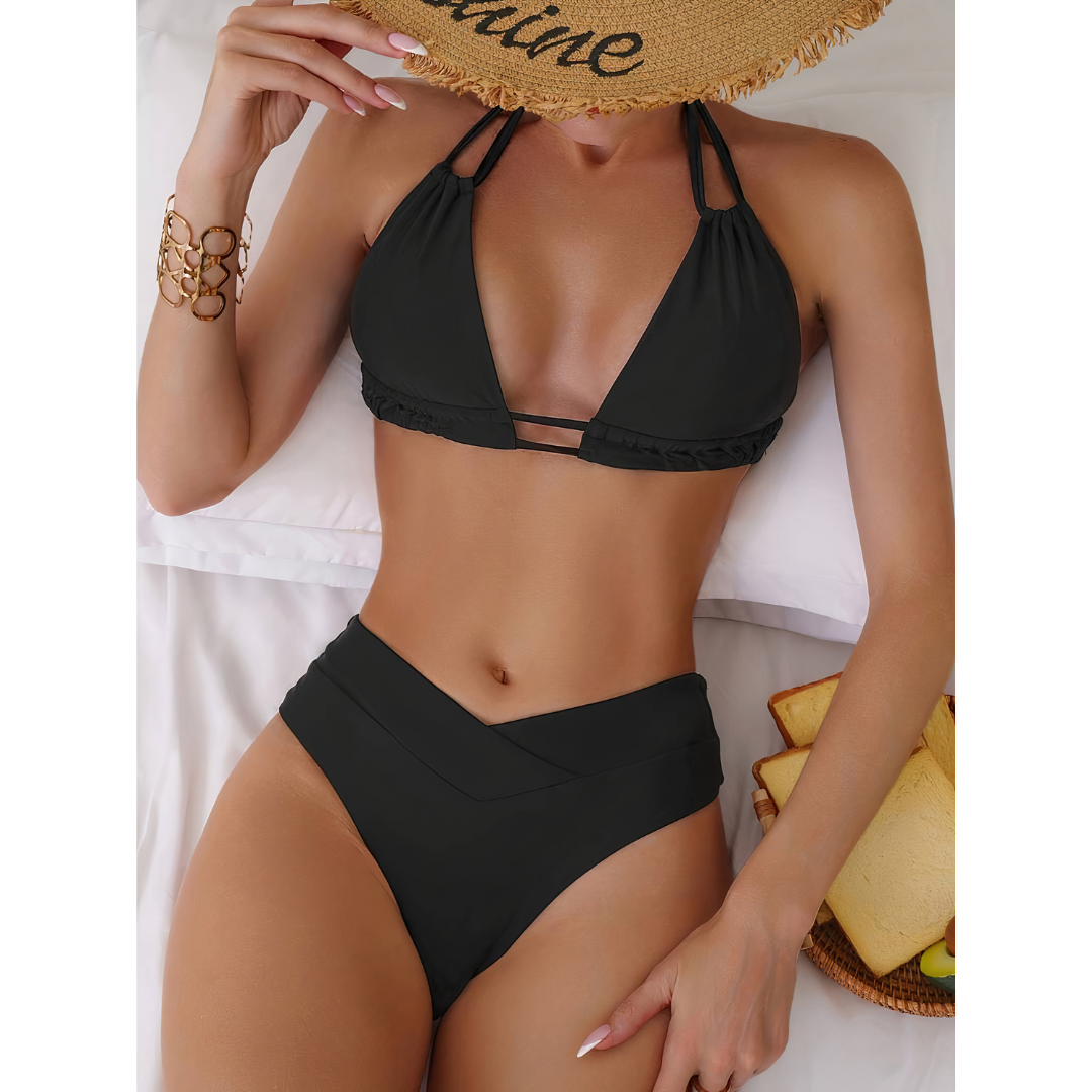 2-delige dames bikini set met hoge taille en halternek - zachte stretch stof voor ontspannen stranddagen