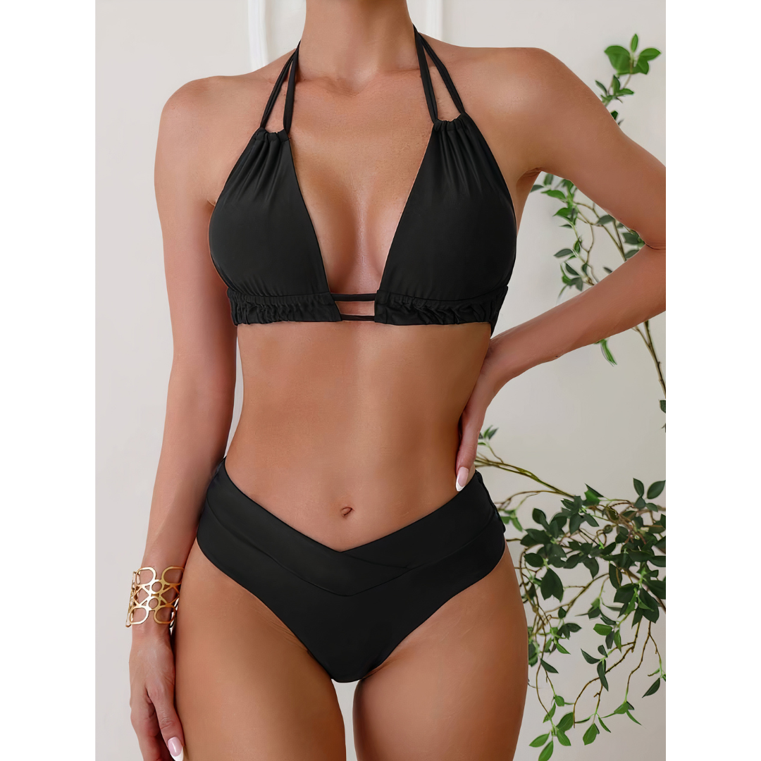 2-delige dames bikini set met hoge taille en halternek - zachte stretch stof voor ontspannen stranddagen