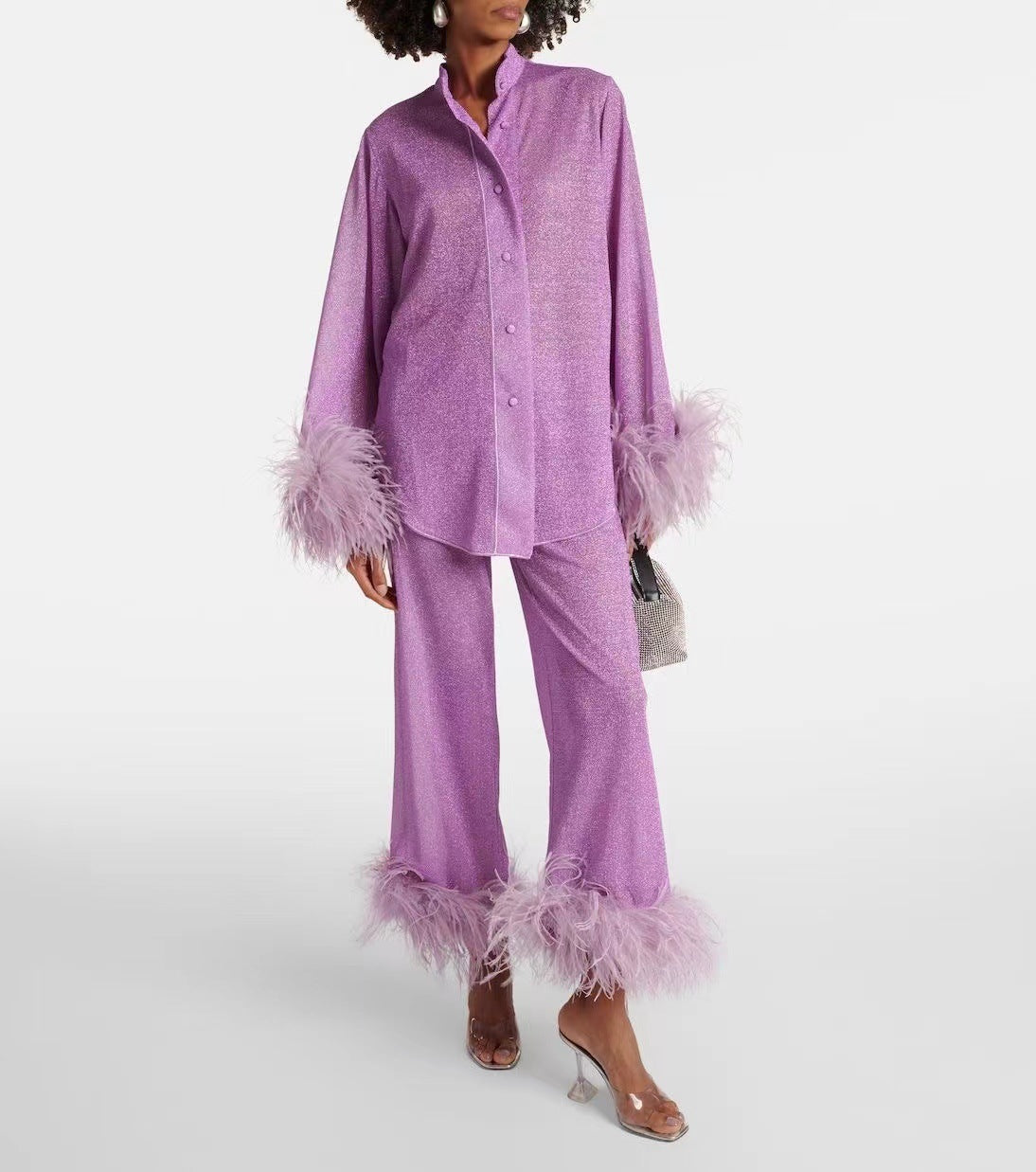 2-delige damespyjama elegante lounge set met verenrand - ontspannen avondkleding