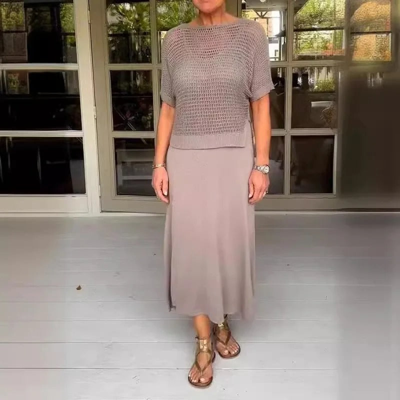 2-delige casual jurkset voor vrouwen - trendy gebreide top en vloeiende rok voor dagelijkse stijl