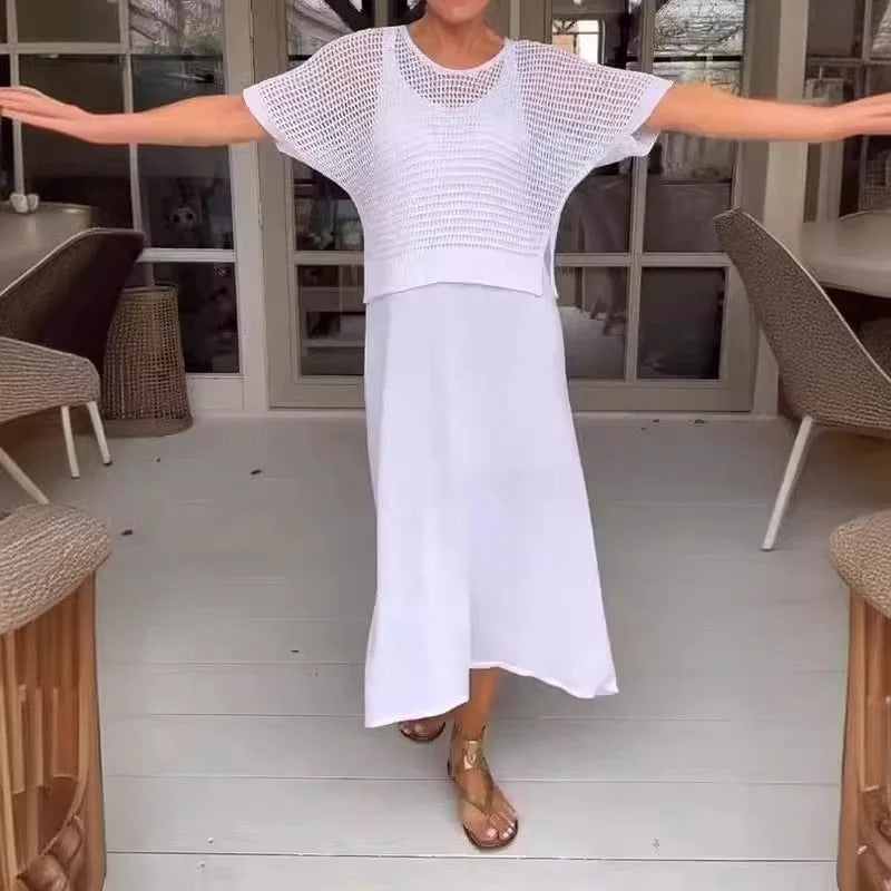 2-delige casual jurkset voor vrouwen - trendy gebreide top en vloeiende rok voor dagelijkse stijl