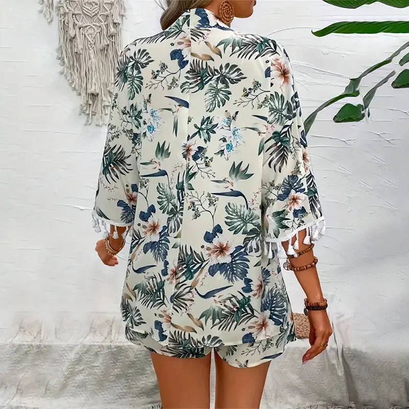 2-delige damesoutfit met bloemenprint - elegante groene zomer shorts & open cardigan set