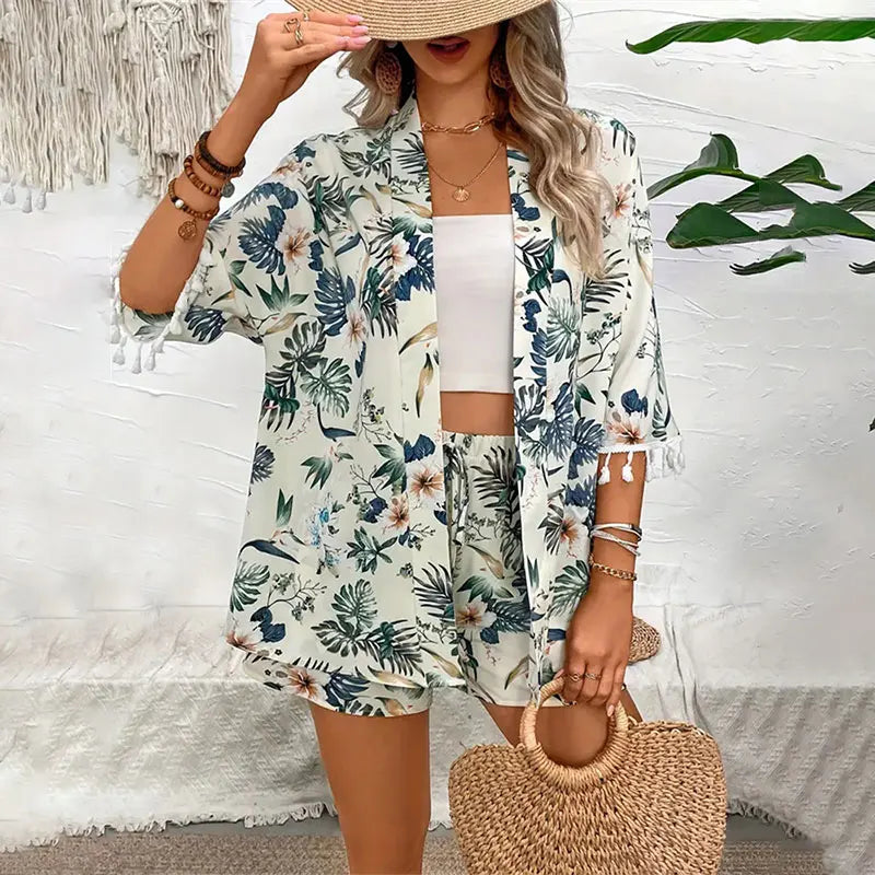 2-delige damesoutfit met bloemenprint - elegante groene zomer shorts & open cardigan set
