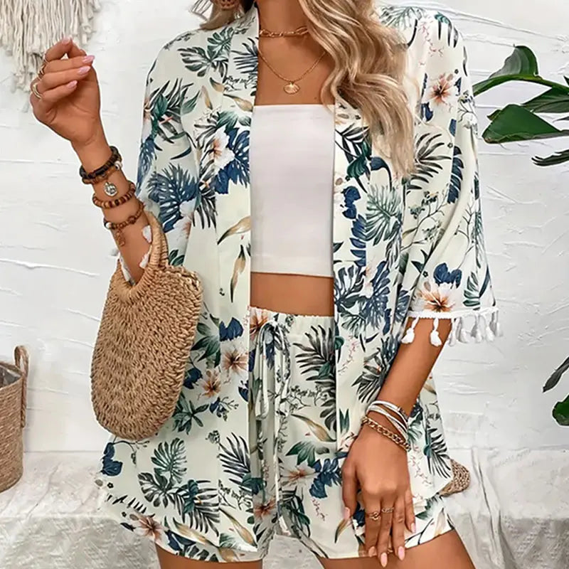 2-delige damesoutfit met bloemenprint - elegante groene zomer shorts & open cardigan set