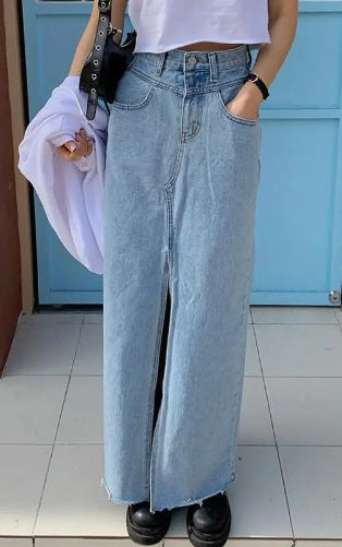 Moderne maxi-spijkerrok met split - Bakkermode.nl