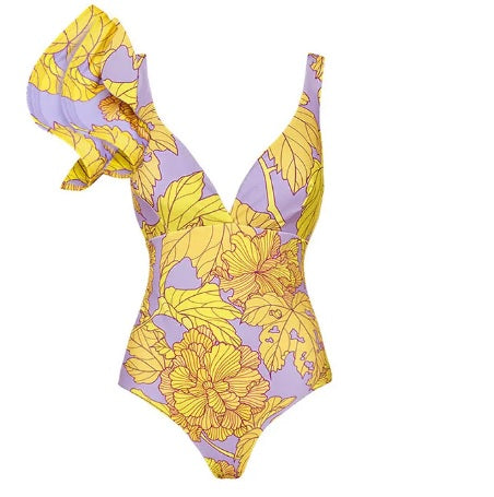 Geel bloemen badpak met ruches - Bakkermode.nl