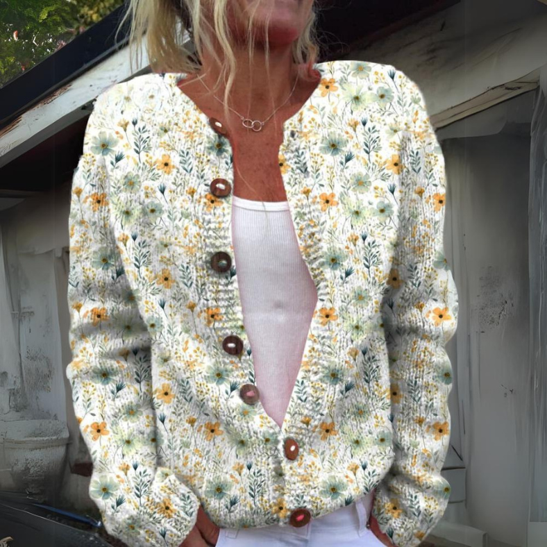 Gebloemde cardigan - gebreide damestrui met knoopdetails - Bakkermode.nl