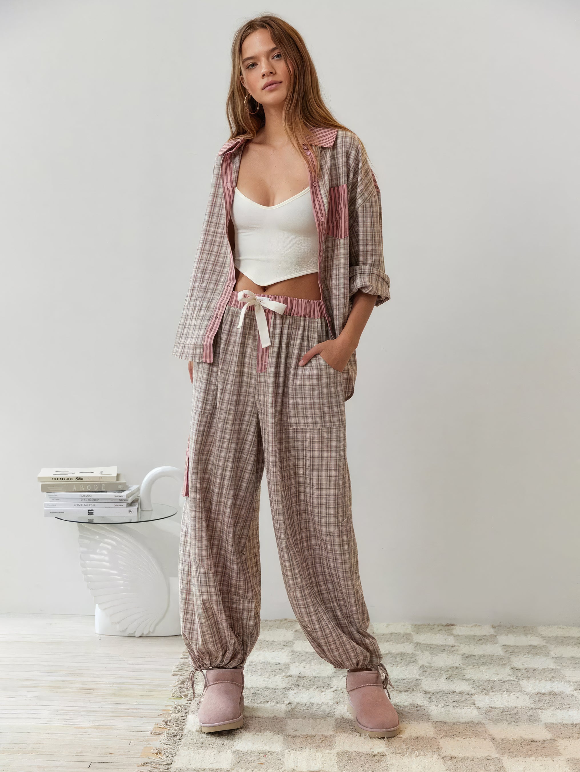 2-delige loungewear set - dames pyjama met geruite details - Bakkermode.nl