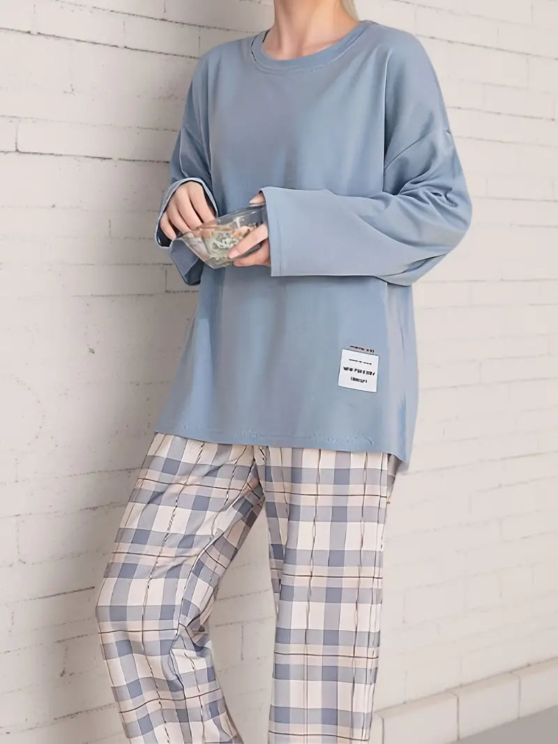 2-delige dames loungewear set - lange mouw top en geruite broek