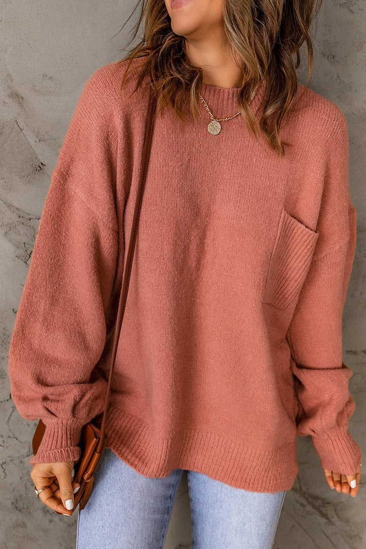 Dames rozen gebreide trui - oversized pullover met zak - Bakkermode.nl