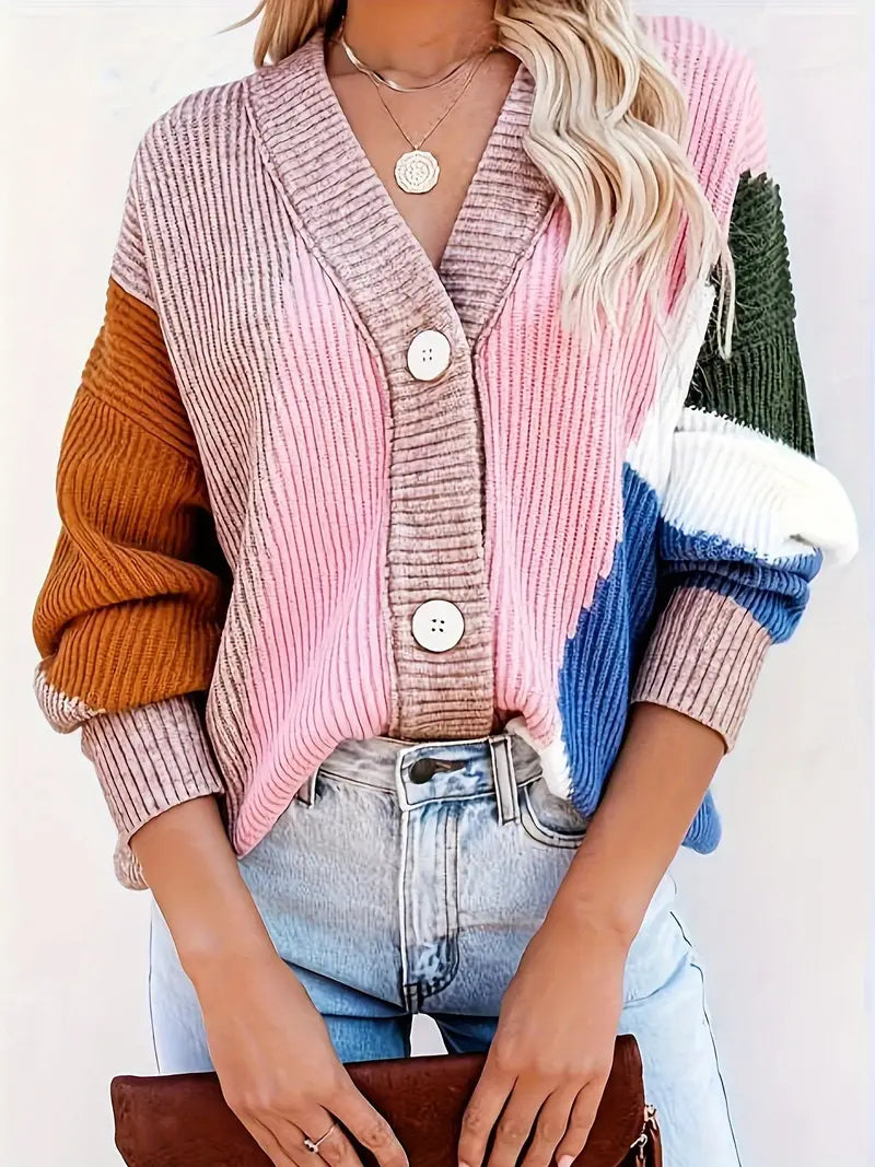 Geklede kleurblok cardigan - trendy rosa damescardigan - Bakkermode.nl