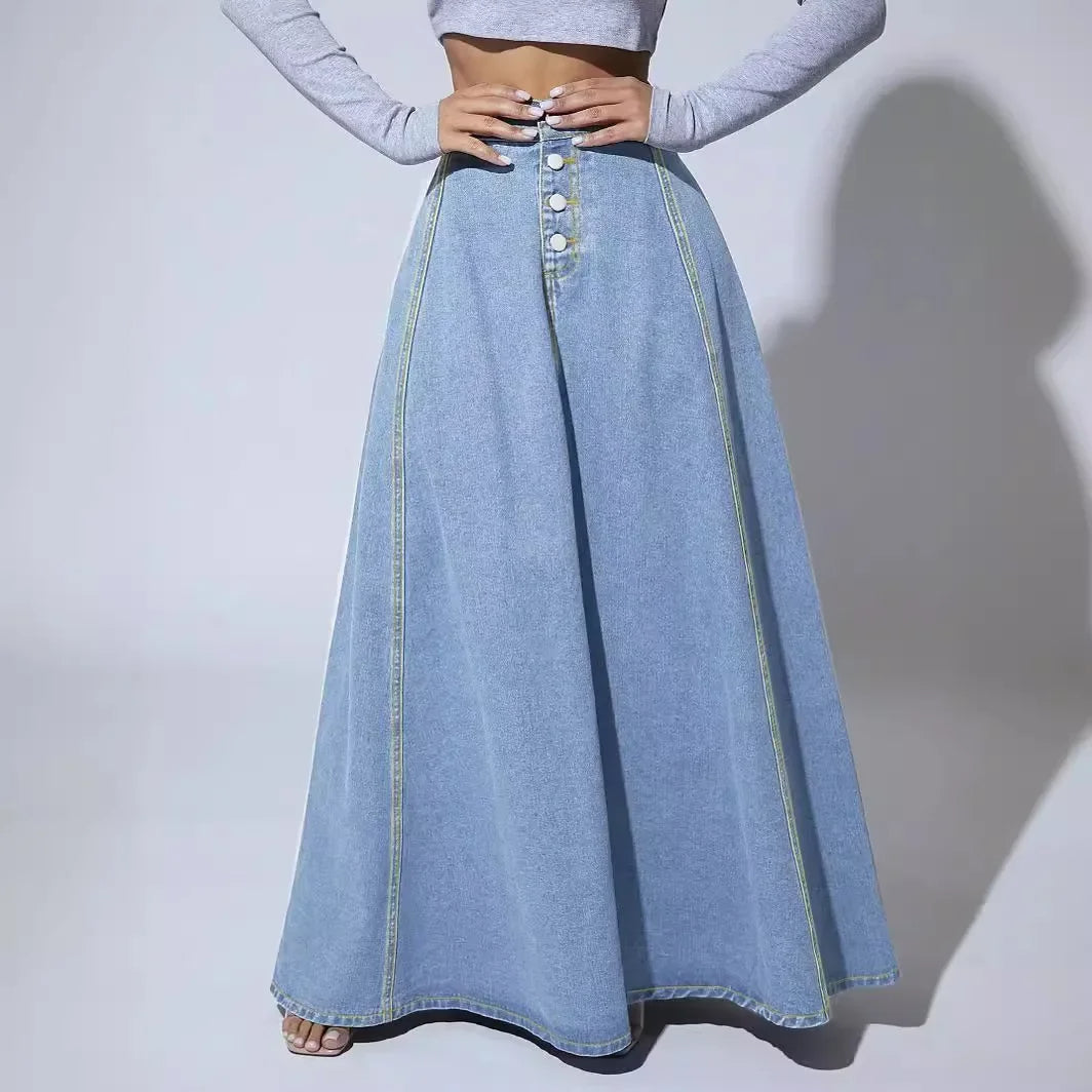 Vloeiende denim maxi rok - stijlvolle lange denim rok voor vrouwen