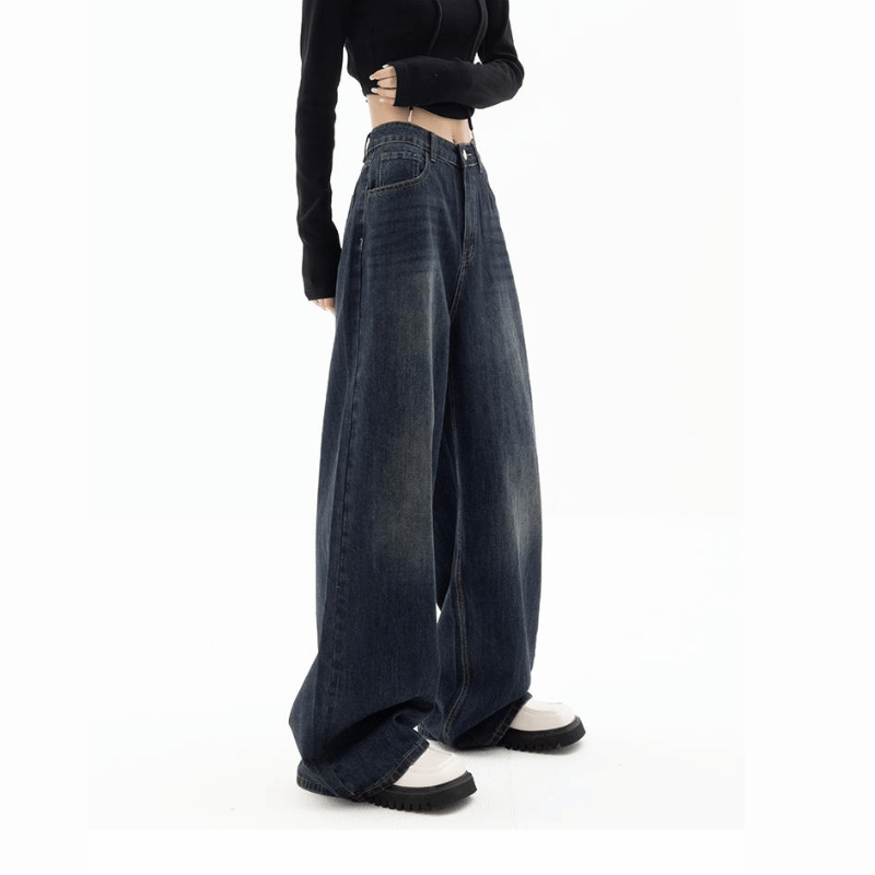 Dames wijde pijpen jeans met relaxte pasvorm - donkerblauw casual kleding - stretched denim broeken voor de hele dag