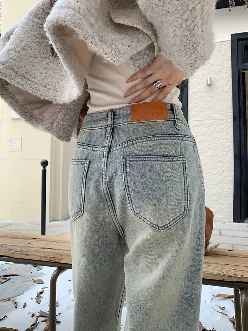 Hoge taille recht gesneden jeans - samtblauwe dames casual broeken - Bakkermode.nl