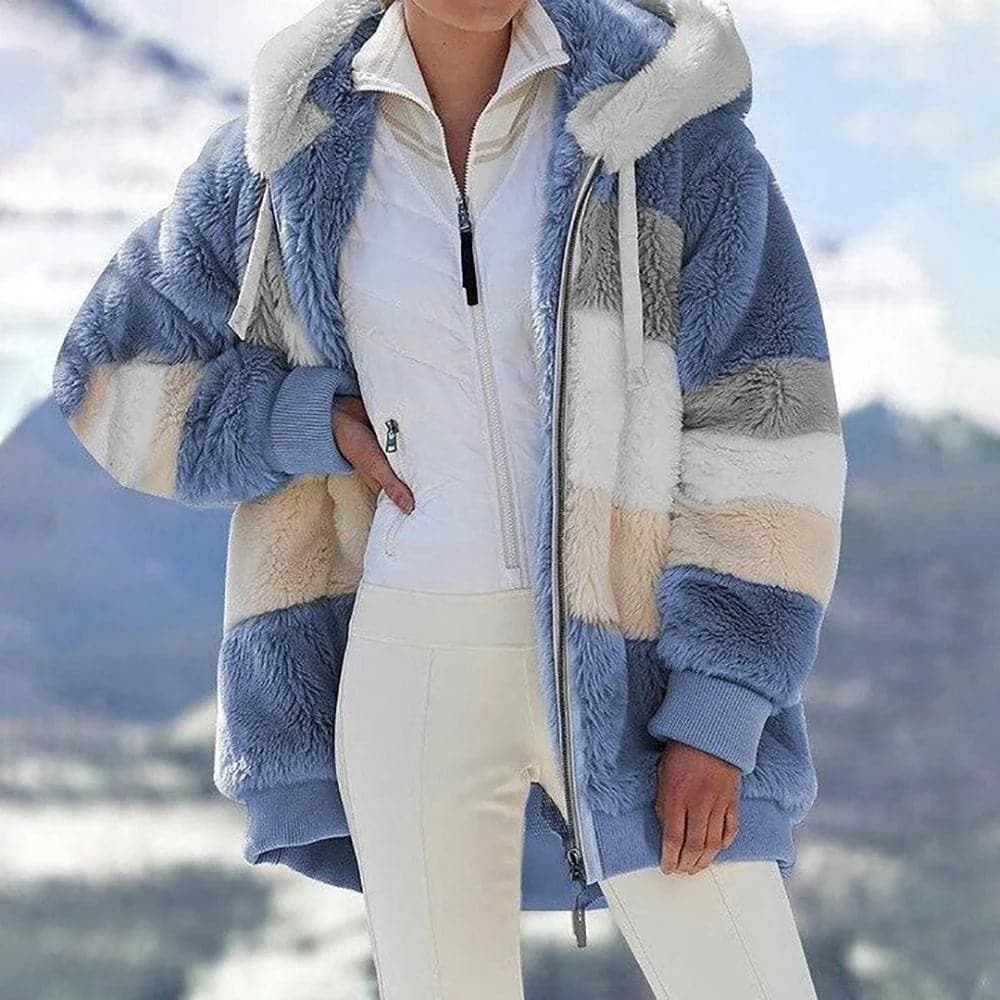 Oversized sherpa jas voor dames – gestreepte winterjas met ritssluiting - Bakkermode.nl