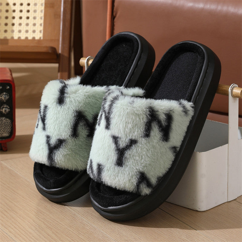 Trendy pantoffels - dames huis slippers met letters patroon en faux fur - Bakkermode.nl