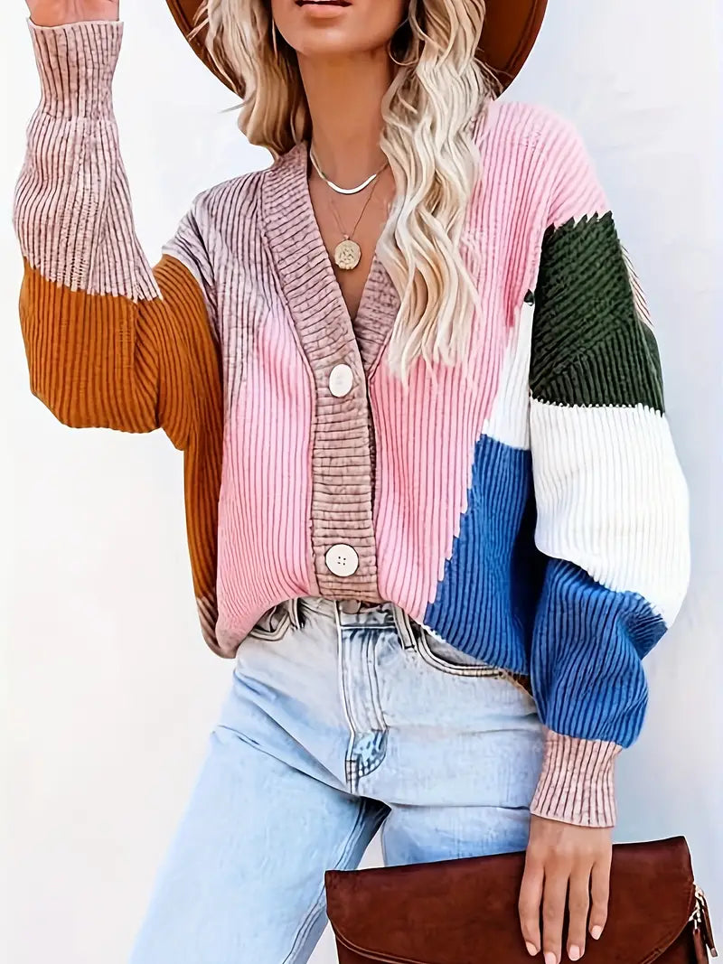 Geklede kleurblok cardigan - trendy rosa damescardigan - Bakkermode.nl