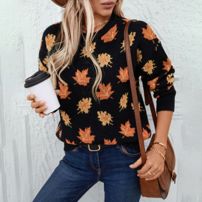 Gebreide sweater - damestrui met herfstbladpatroon - Bakkermode.nl
