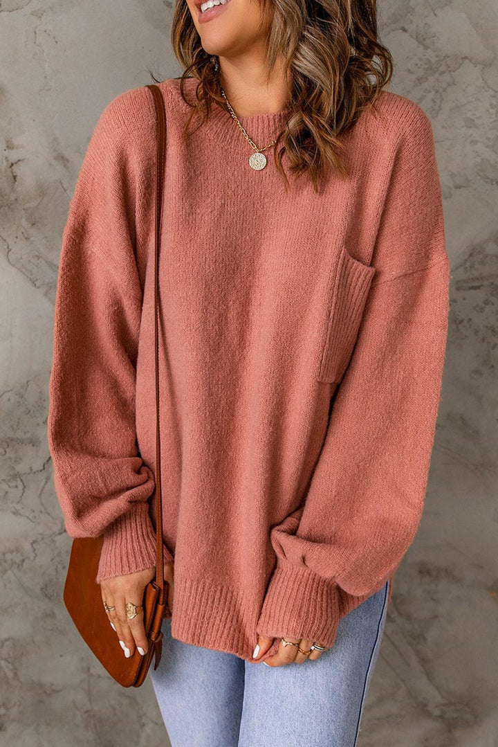 Dames rozen gebreide trui - oversized pullover met zak - Bakkermode.nl