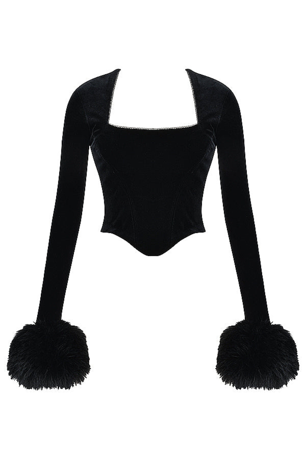 Dames feestjurk elegante zwarte fluwelen corset top met nepbont manchetten - chique lange mouwen avondoutfit