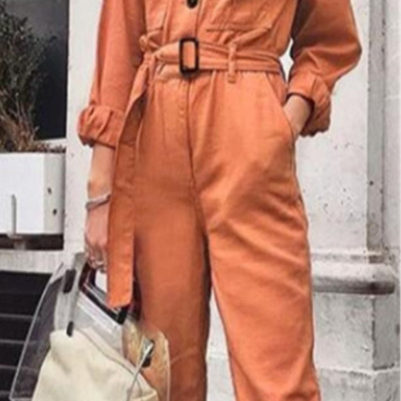Damesoveralls - stijlvolle casual jumpsuit in oranje met lange mouwen en ceintuur