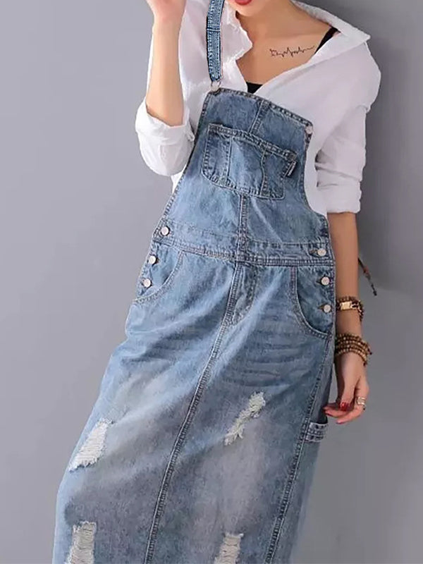 Dames verouderde denim tuinbroek jurk - cosy maxi stijl voor casual uitjes