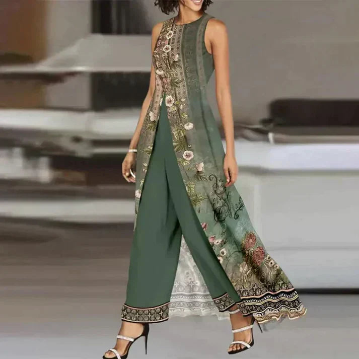 Dames 2-delige groene bloemenoutfit met open voorkant - elegante lange broeken en stijlvolle chiffon laag