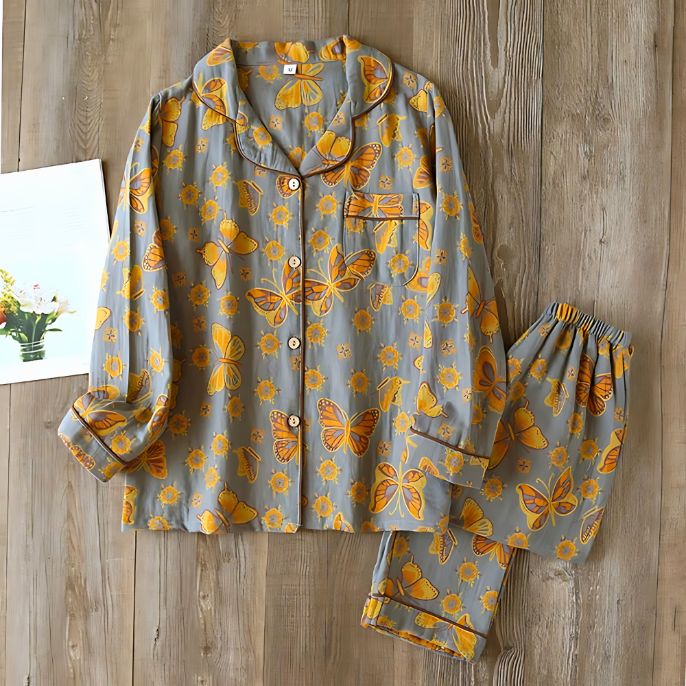 2-delige dames pyjama set katoen met vlinderprint voor ontspanning - gezellige loungewear voor de avonden thuis