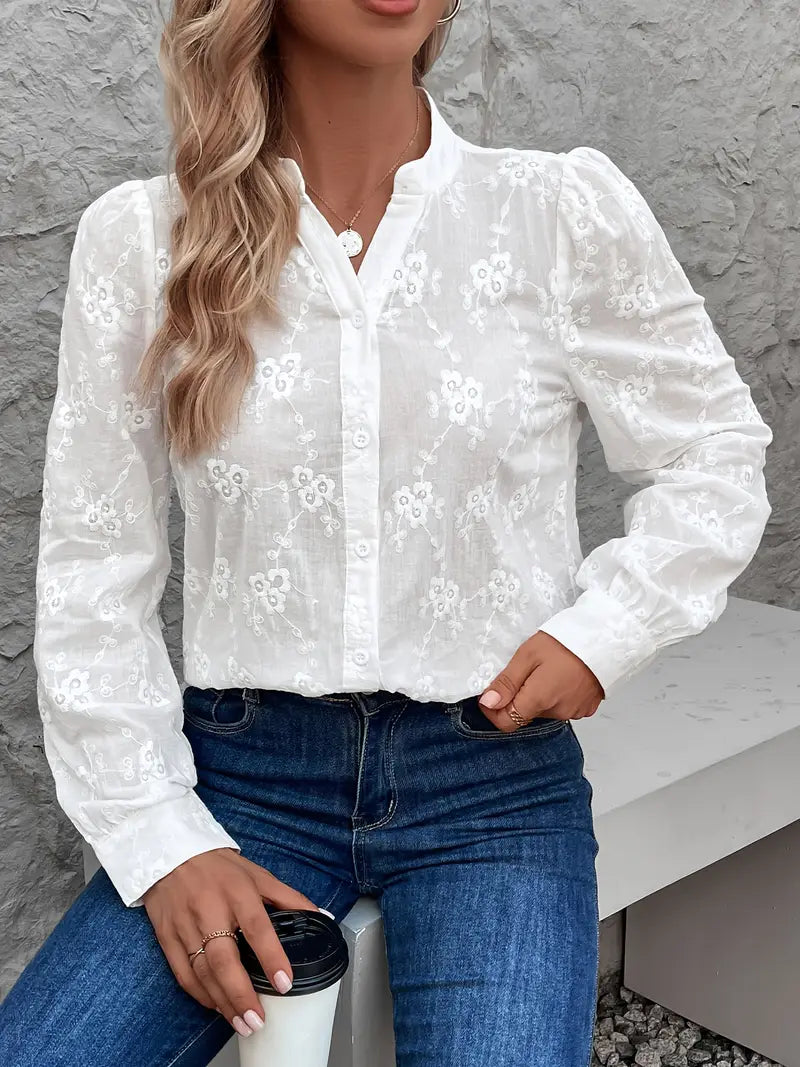 Dames witte geborduurde zomerblouse - elegante langarm shirt voor vrouwen