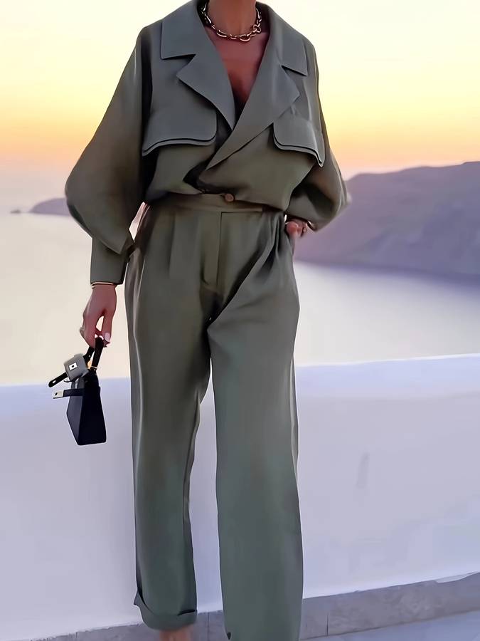 2-delige chique damesensemble - verfijnde groene blazer en broek voor smart casual stijl - modieus ontwerp