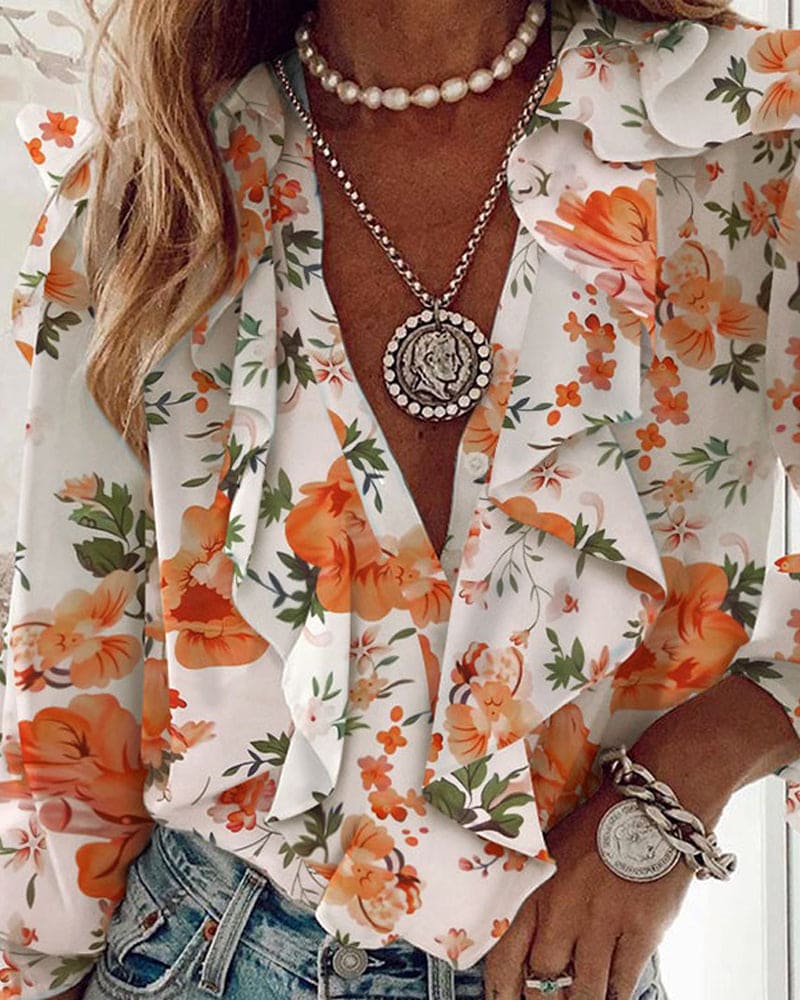 Dames florale ruffle blouse - elegante lange mouwen voor casual dagelijkse outfits