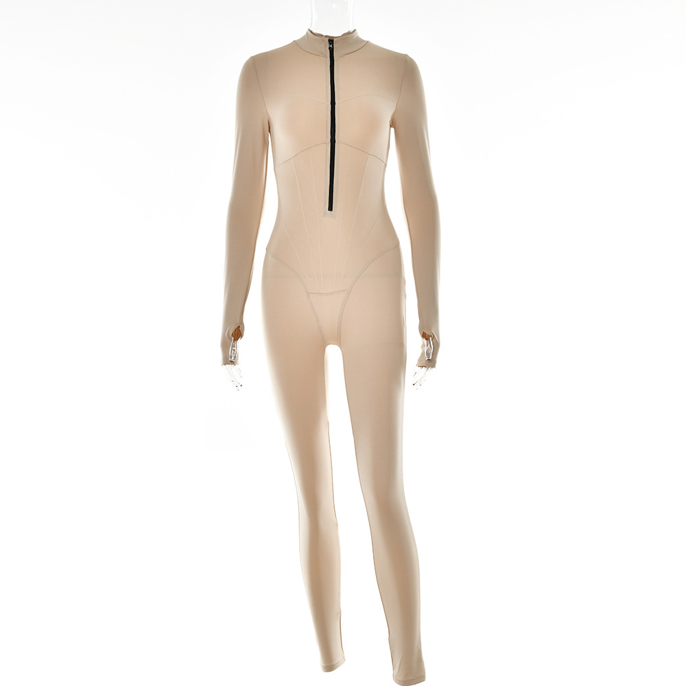 Dames jumpsuit met rits - strakke grijze bodysuit