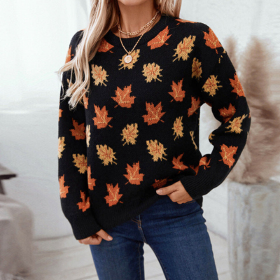 Gebreide sweater - damestrui met herfstbladpatroon - Bakkermode.nl