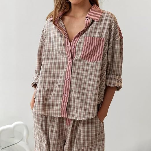 2-delige loungewear set - dames pyjama met geruite details - Bakkermode.nl