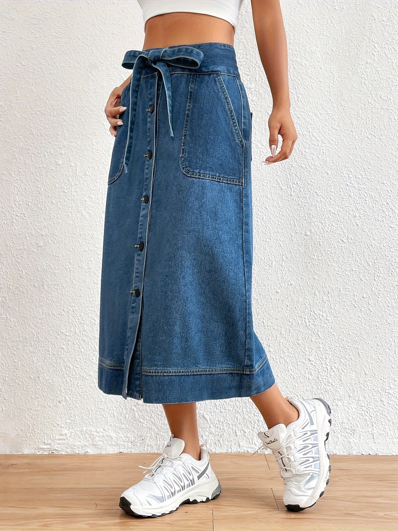 Denim midi rok - koningsblauwe damesrok met strikceintuur
