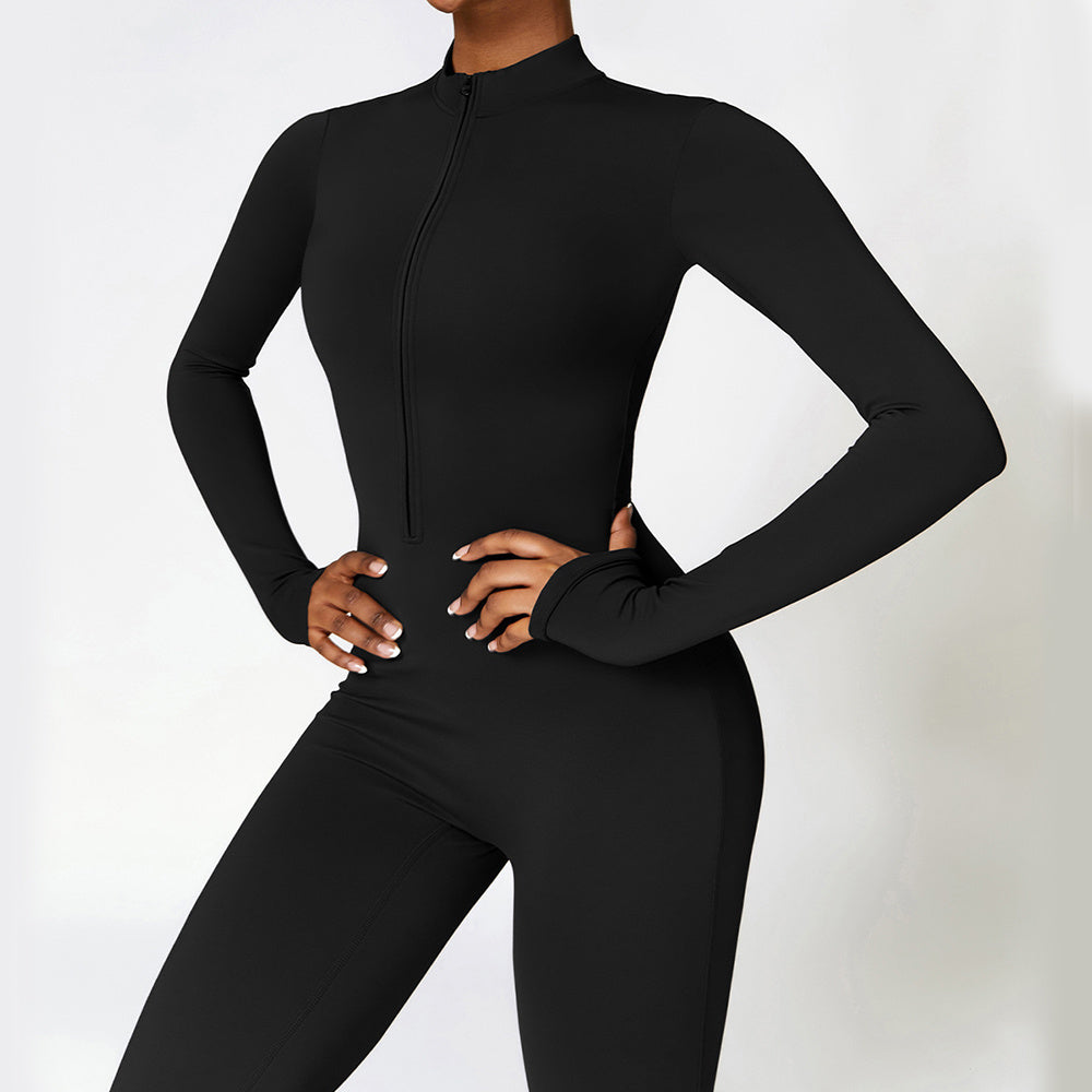 Warm zipper lange mouwen jumpsuit - yoga fitness sportbroek ademend dames bodysuit - Bakkermode.nl